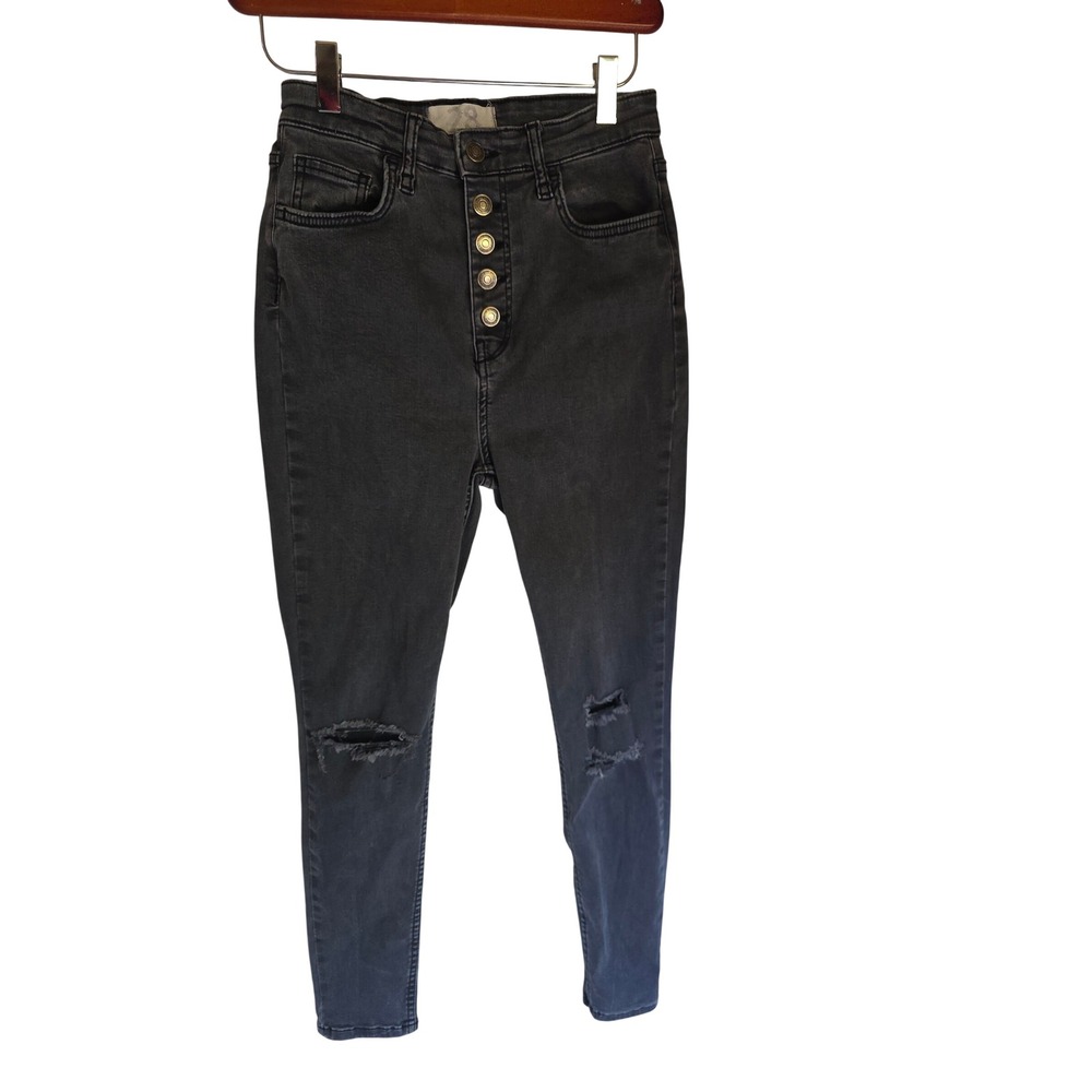 Free People High Rise‎ Button Fly Distressed Skinny Jeans Black 28 Distressed